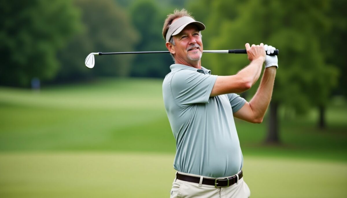 A middle-aged golfer taking a swing on a lush green golf course.