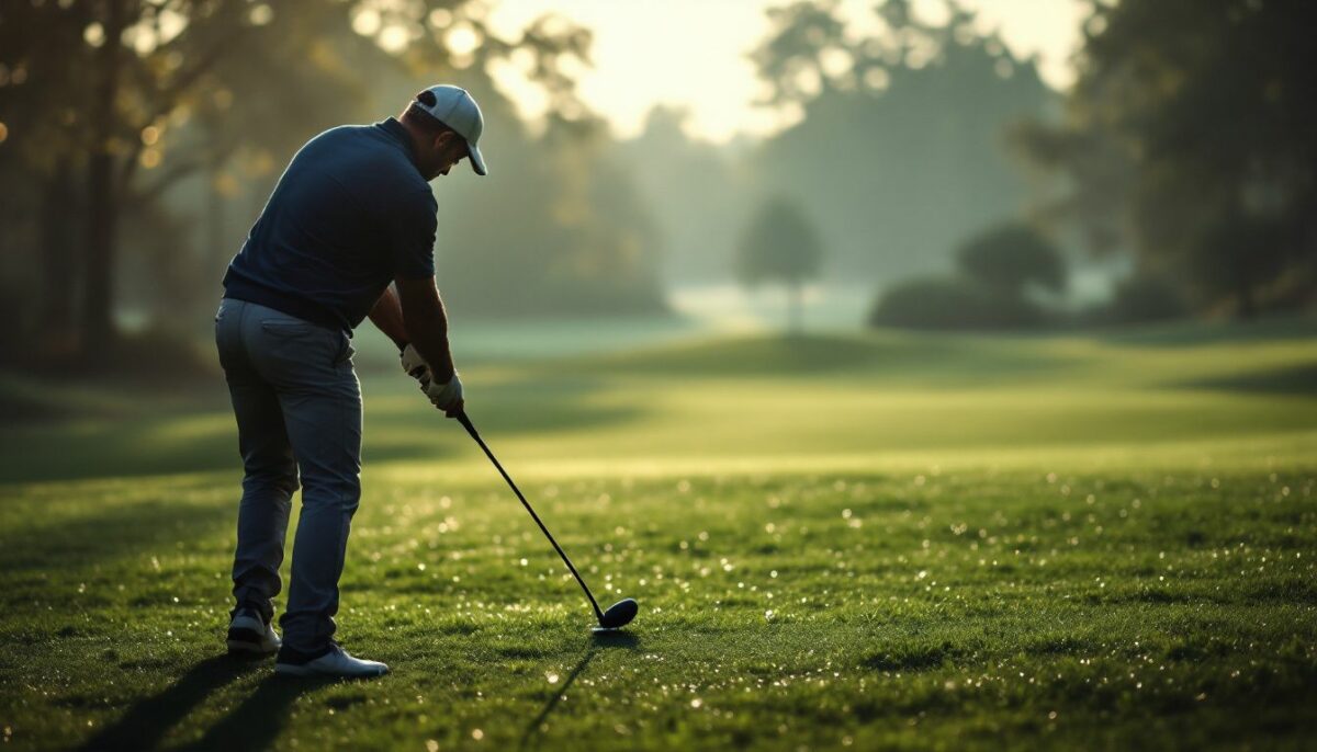 A middle-aged male golfer warming up on a quiet driving range.