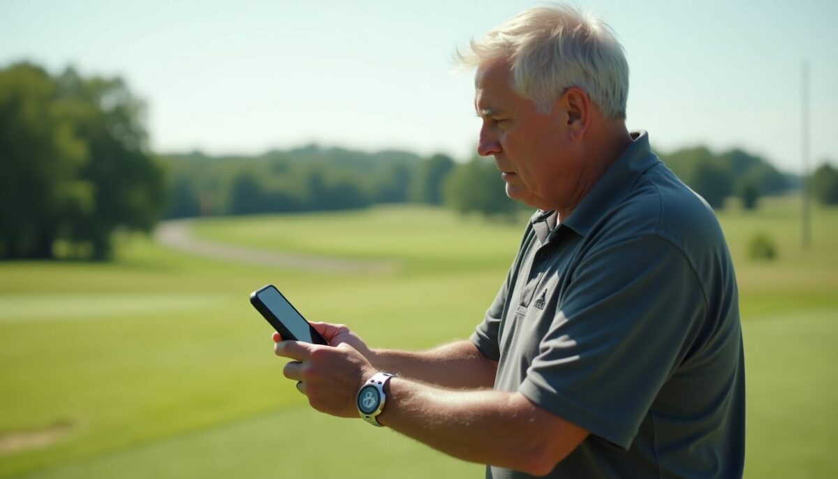 A middle-aged man practicing golf with a G-Rip Grip Trainer.