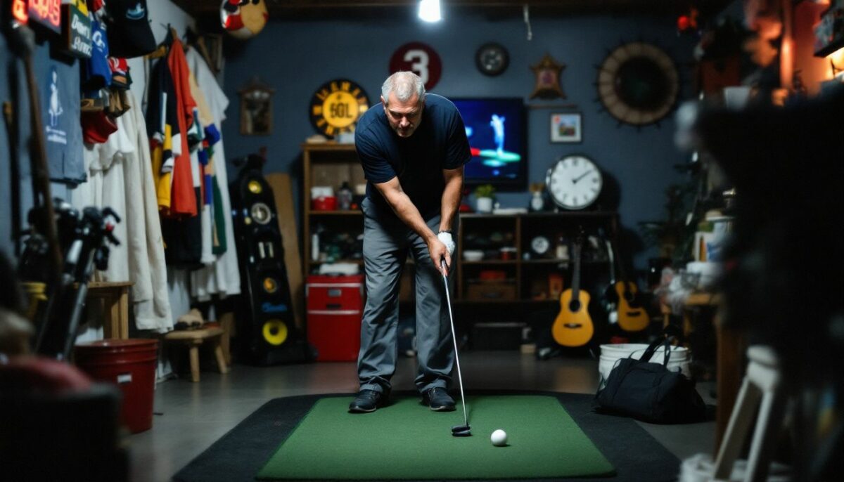 A middle-aged man practices putting in a basement with golf memorabilia.