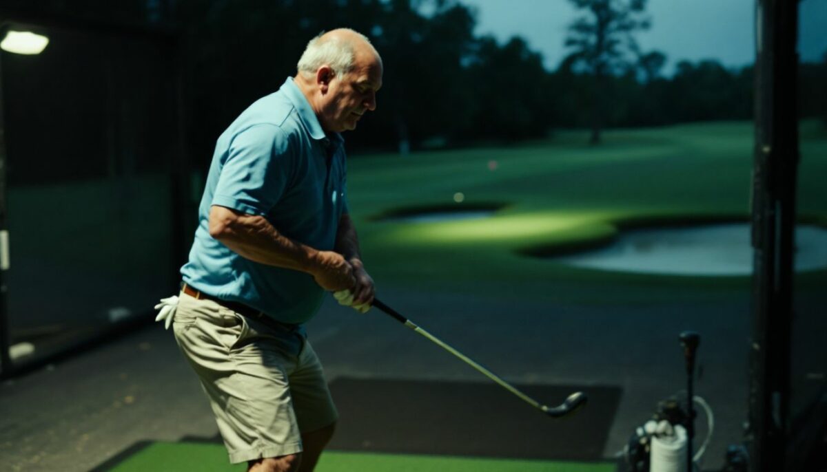 A middle-aged golfer practices at a local driving range with Sure-Set Training Aid.