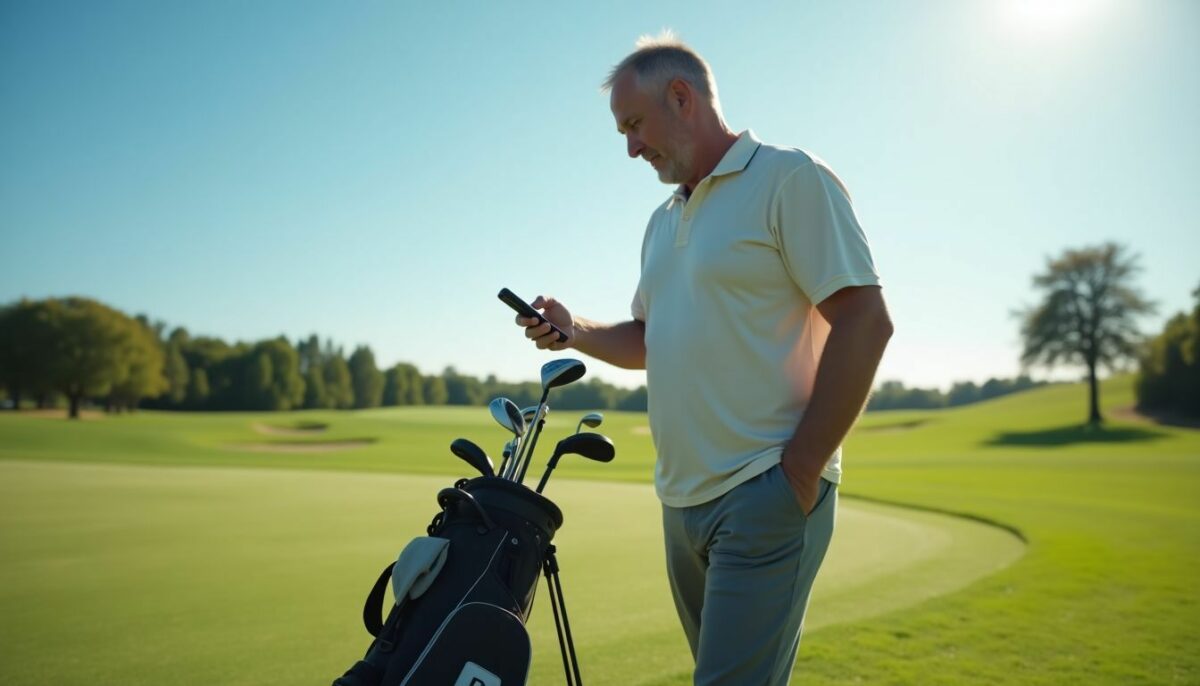 A golfer using a smartphone for tracking shots on a golf course.