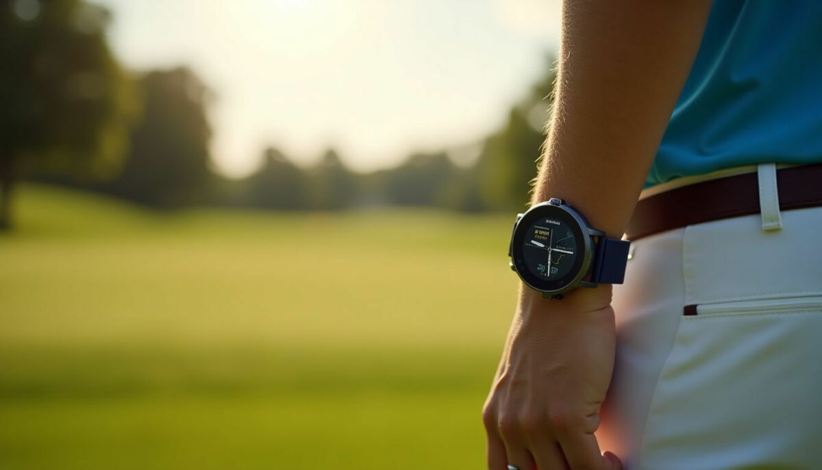 The Garmin Approach S70 golf GPS watch on a well-maintained golf course.