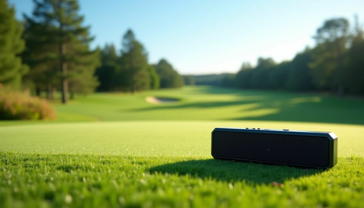A modern golf GPS speaker on a sunny, well-kept golf course.