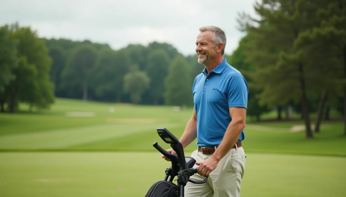 A man happily walks on a green golf course with a modern golf GPS trolley.
