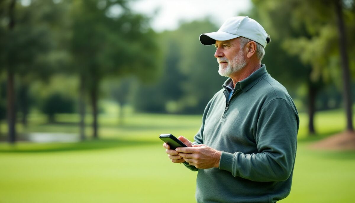 A golfer in his late 40s prepares to tee off with a handheld GPS device.