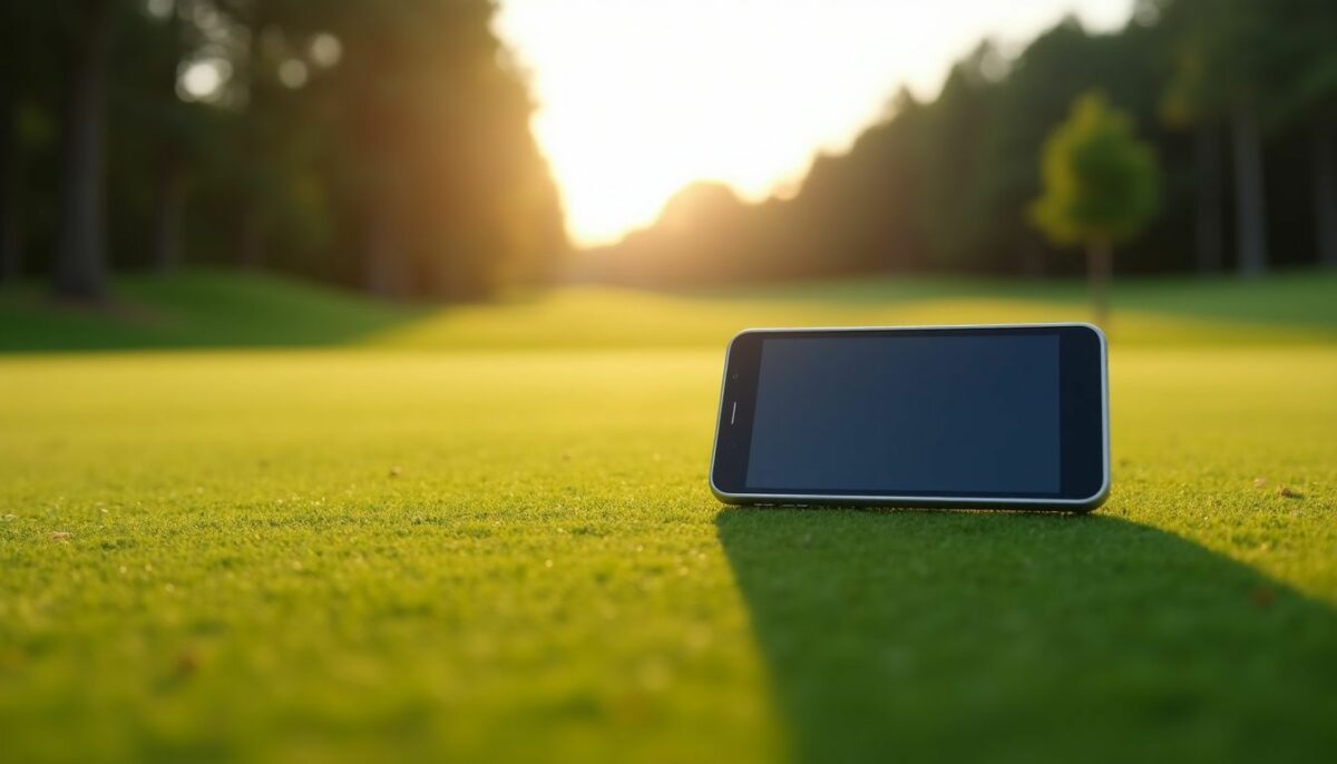 A modern golf GPS device on a neatly trimmed green course.