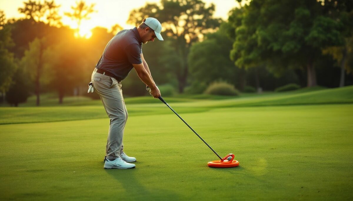 A golfer in their 40s practices with an Orange Whip Trainer.