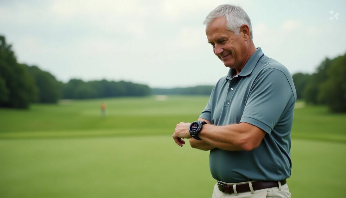 A casual older golfer using a GPS watch on a golf course.