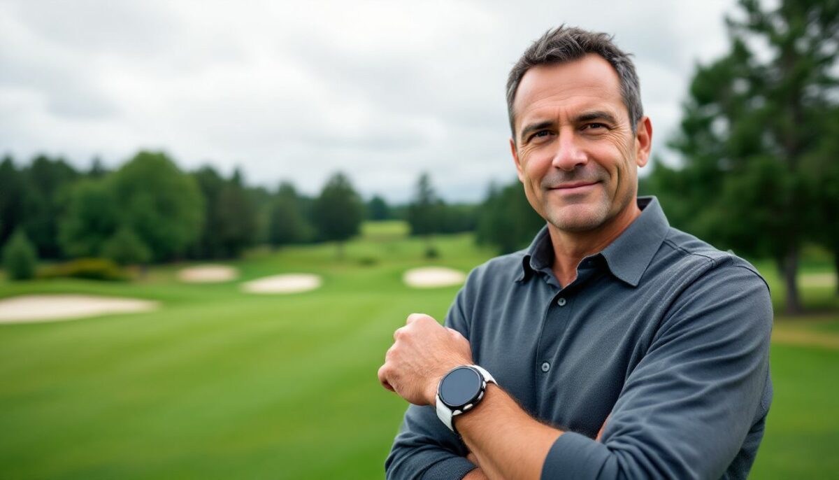 A man wearing a golf GPS watch stands on a green golf course.