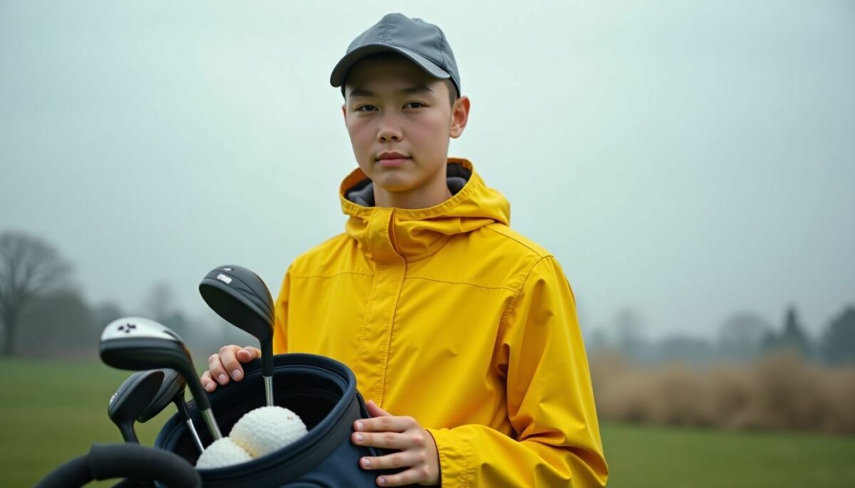 A teenage golfer in a yellow rain jacket prepares for a windy day. A teenage golfer in a yellow rain jacket prepares for a windy day.