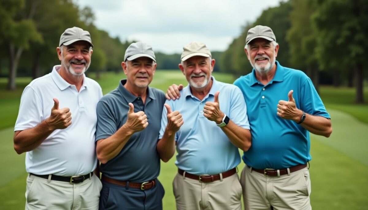 Middle-aged men on a golf course demonstrating golf slang terms. Middle-aged men on a golf course demonstrating golf slang terms.