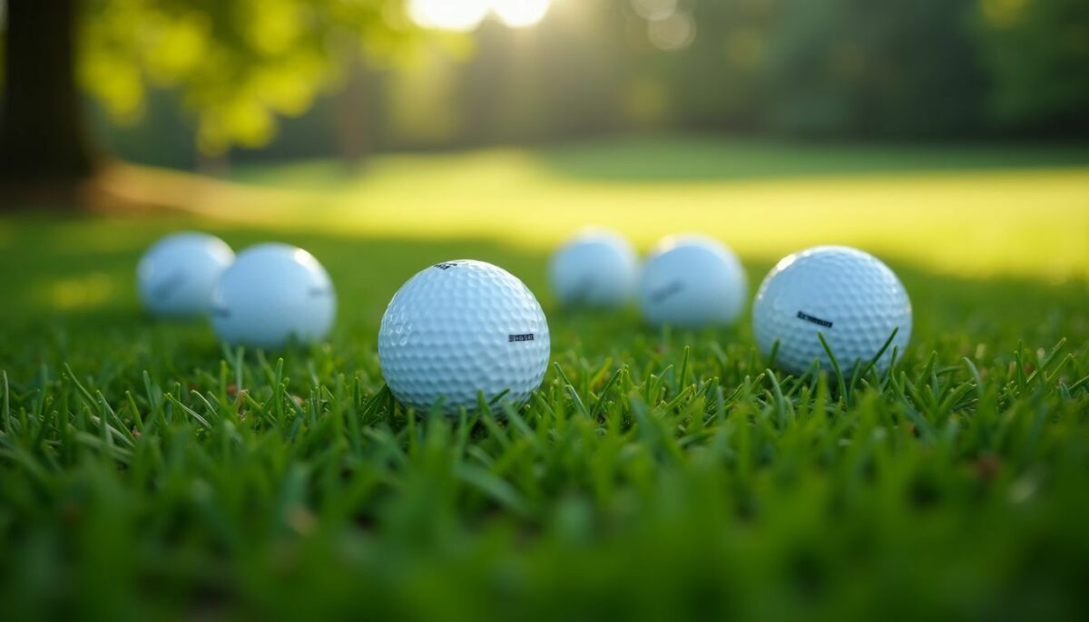 Close-up photo of golf balls with different compression levels on grass. Close-up photo of golf balls with different compression levels on grass.
