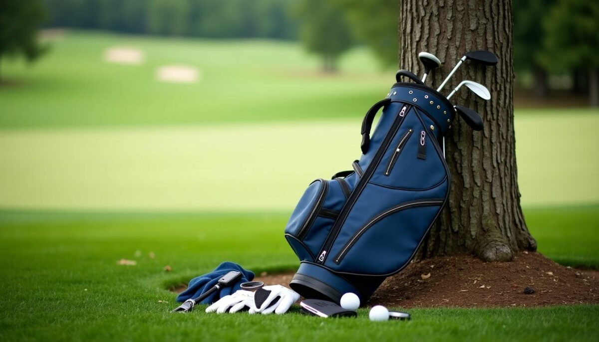 A well-worn golf bag with clubs, balls, gloves, and a GPS watch on a green course. A well-worn golf bag with clubs, balls, gloves, and a GPS watch on a green course.