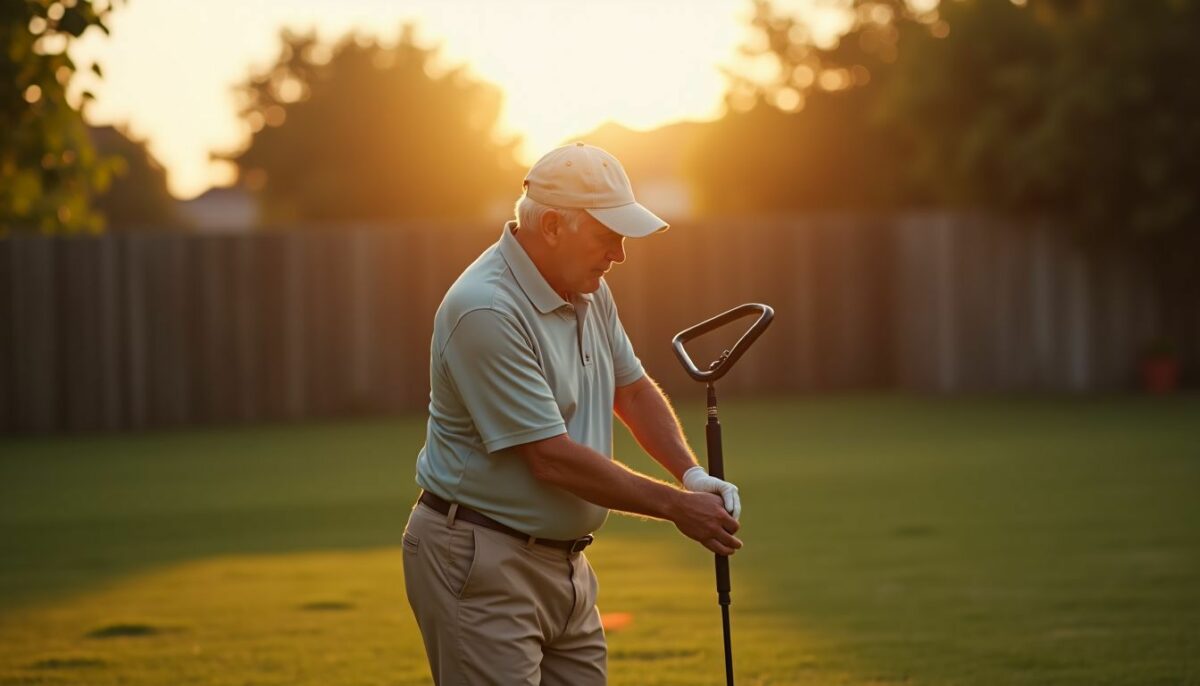 Elderly man practicing golf swing in backyard during sunset.