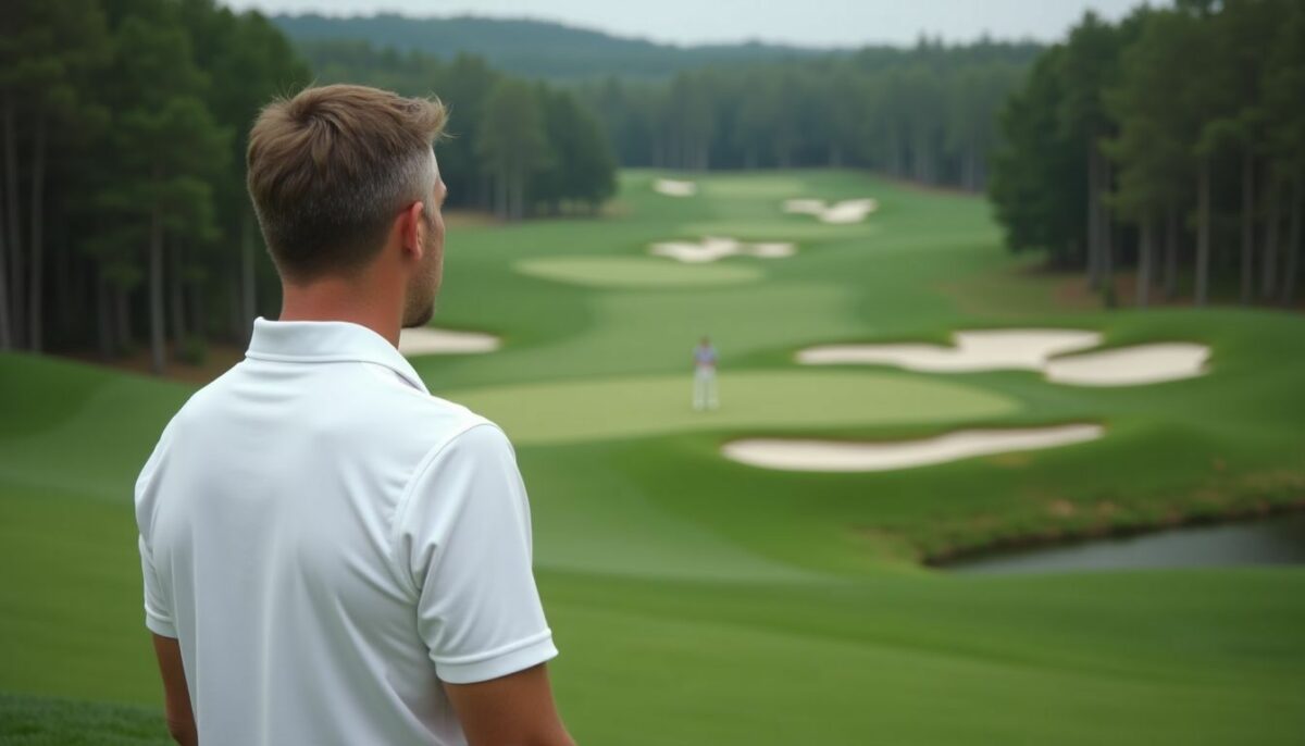 A male golfer on a hilly course, considering his next move.