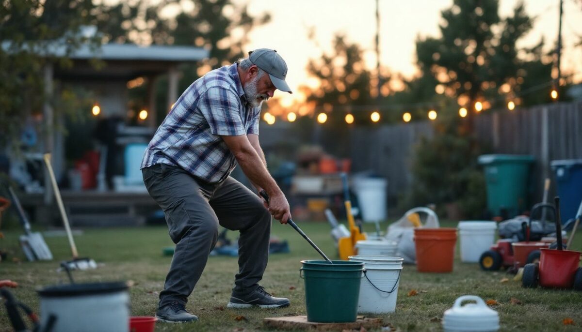 A middle-aged man practices chipping in backyard using household items.