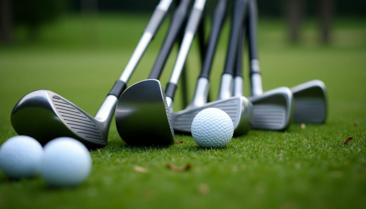 A set of golf clubs arranged on a grassy tee box with scattered golf balls.