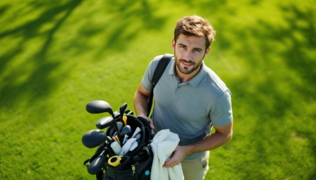 A man prepares to play golf on a green course. A man prepares to play golf on a green course.