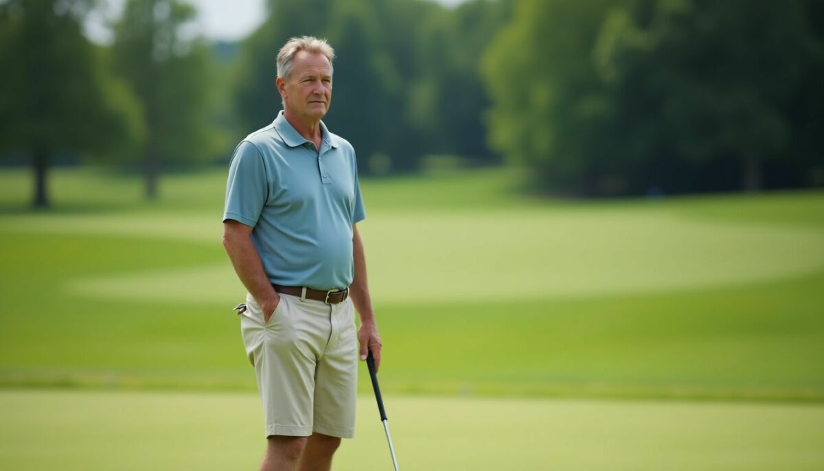 A middle-aged man dressed in golf attire standing on a golf course.