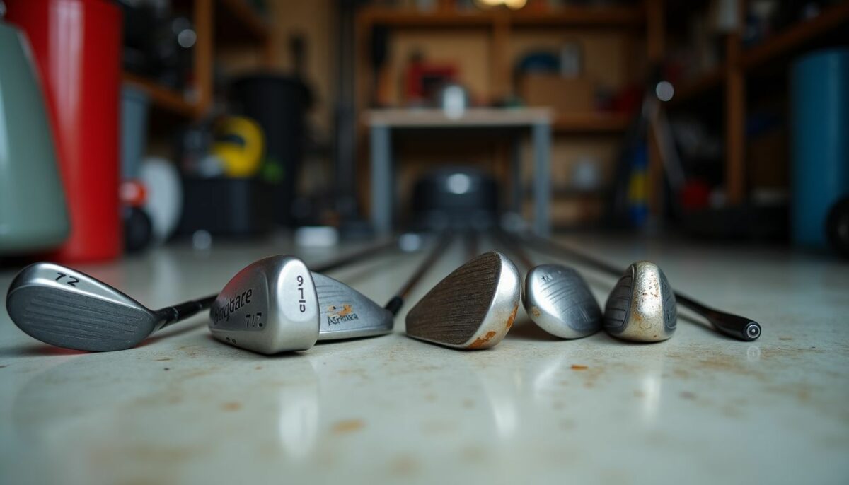 A cluttered garage with scattered golf clubs in various conditions.