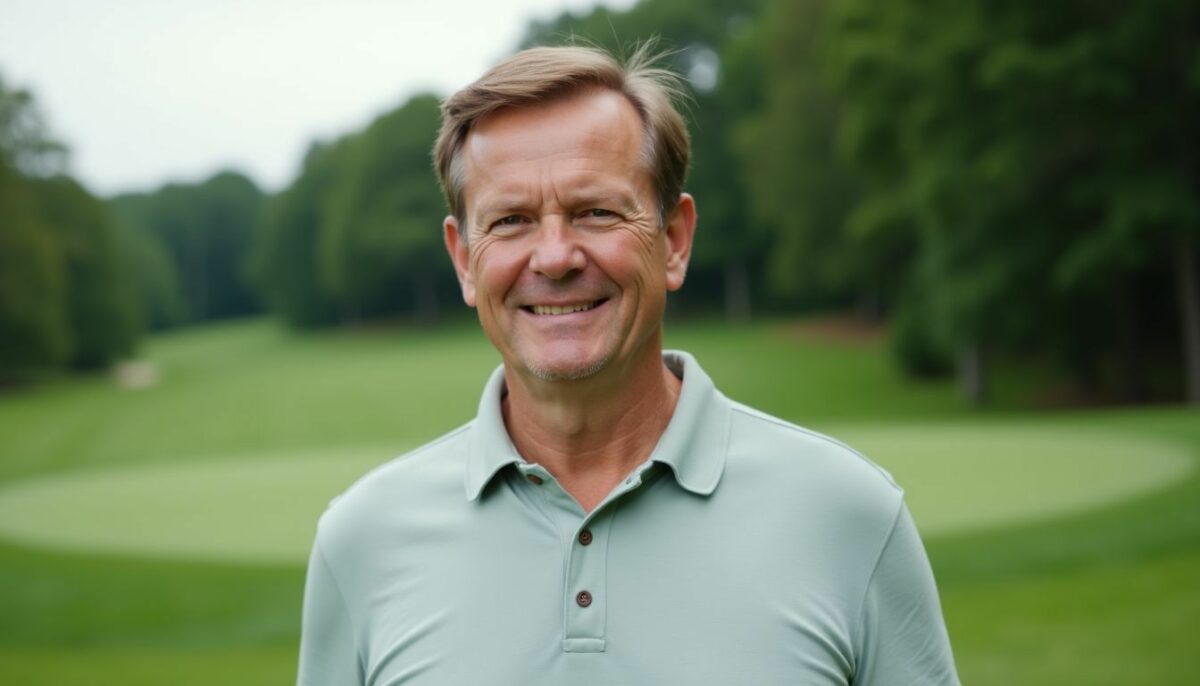 A middle-aged man stands on a golf course in casual attire.