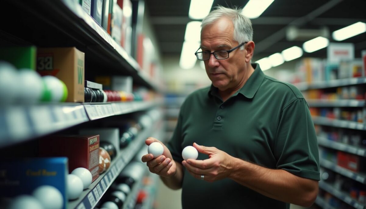 A middle-aged man compares golf balls in a sports store. A middle-aged man compares golf balls in a sports store.