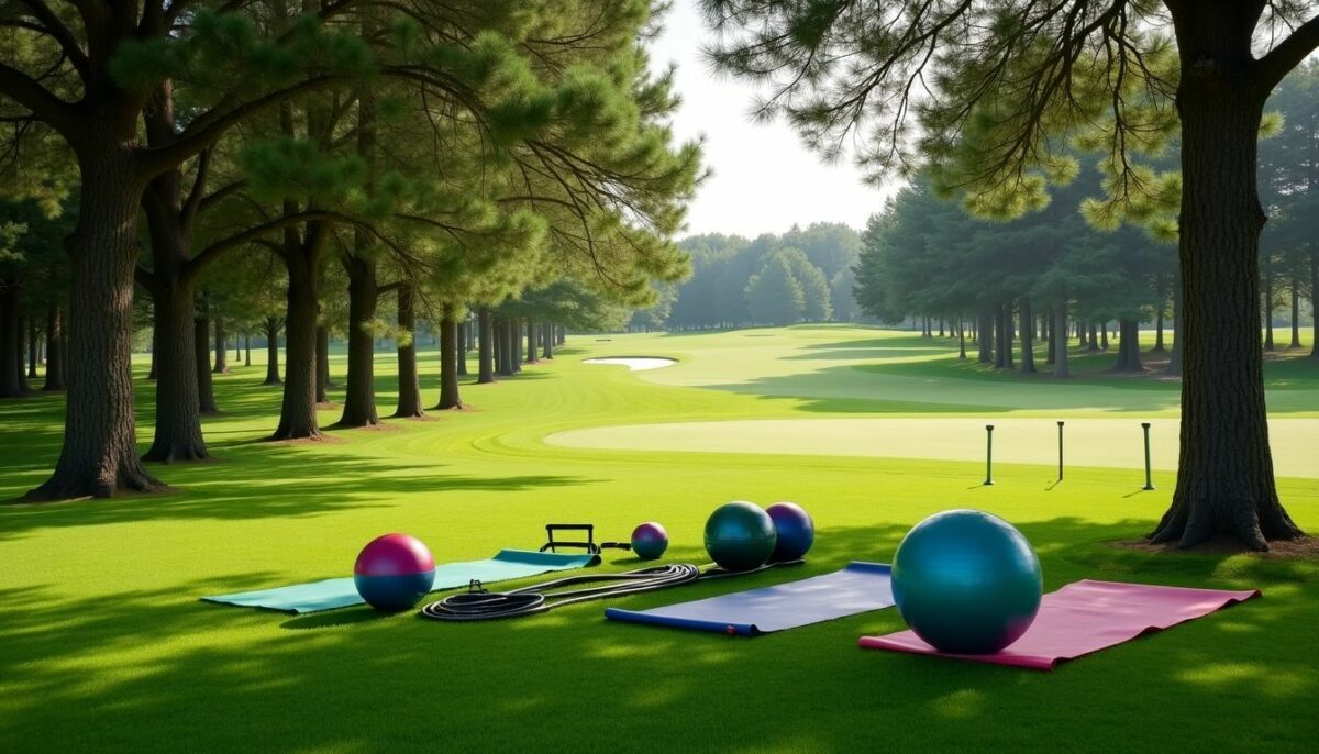 A golf course with fitness equipment highlighting core strength and flexibility.