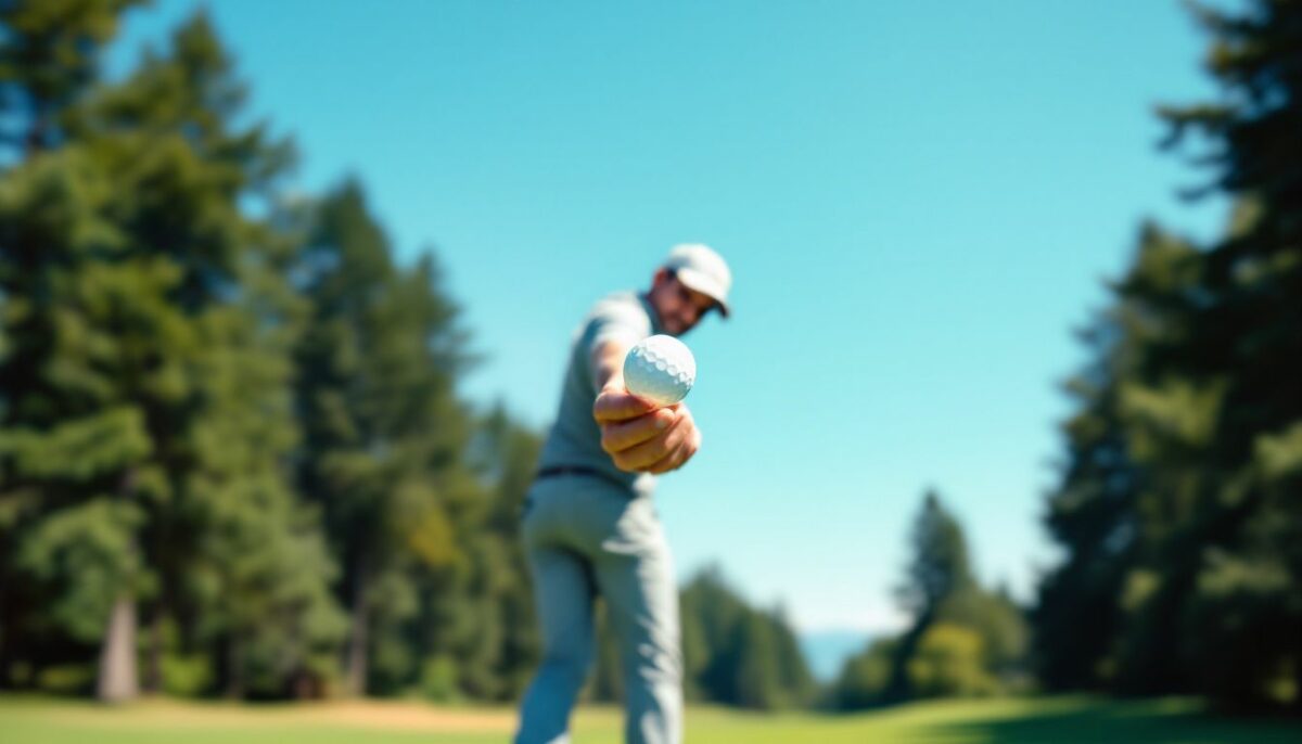 A golfer mid-swing holding a five-piece golf ball on a green fairway. A golfer mid-swing holding a five-piece golf ball on a green fairway.