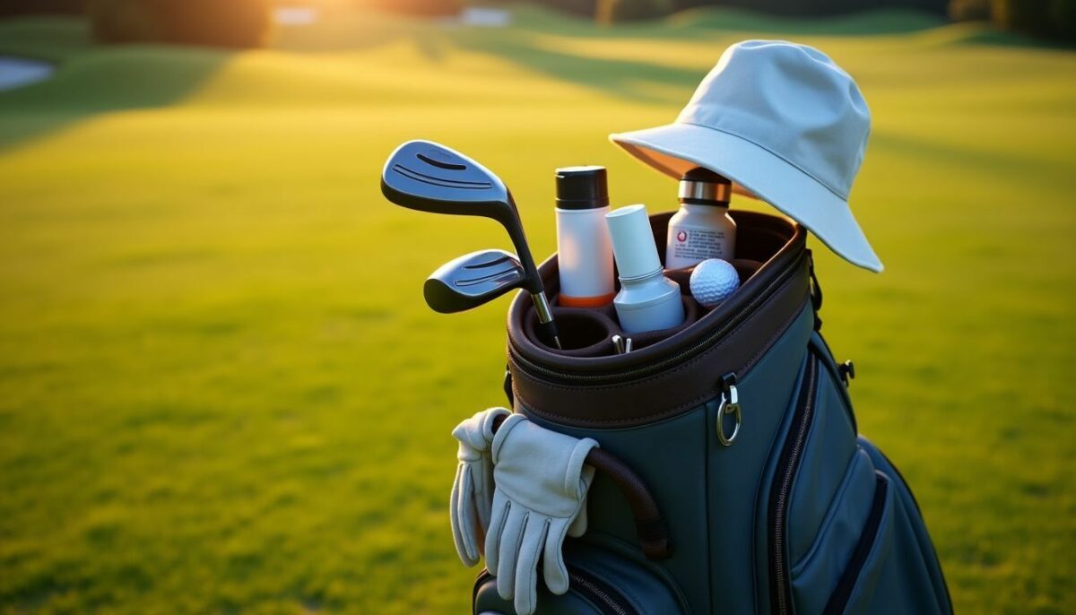 A well-stocked golf bag on a green fairway at sunset.