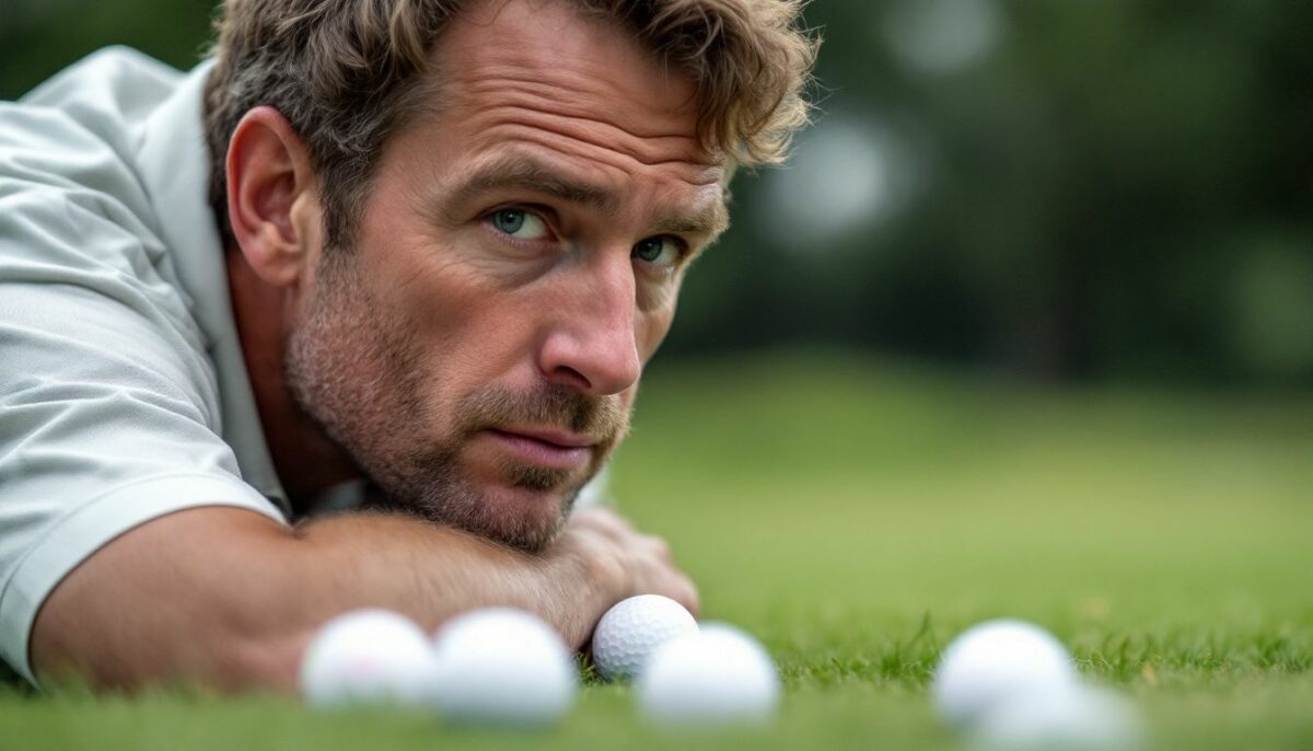 A man in his 40s is choosing golf balls on a course.