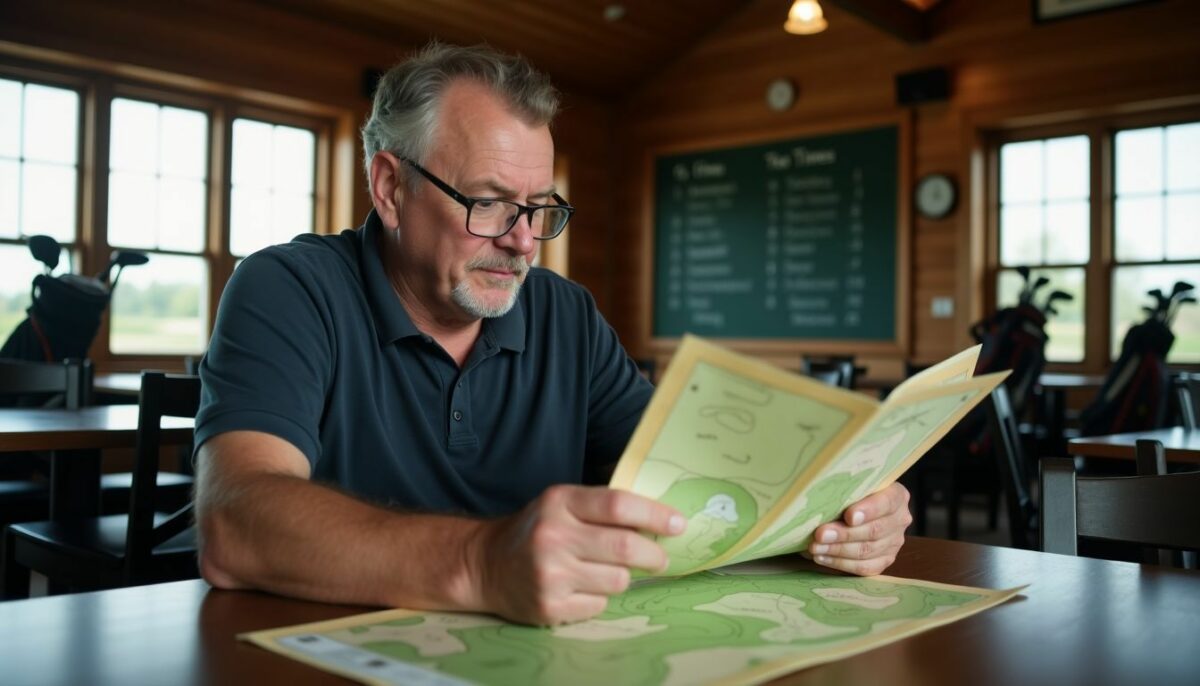 A middle-aged man studying a golf course map in a clubhouse. A middle-aged man studying a golf course map in a clubhouse.