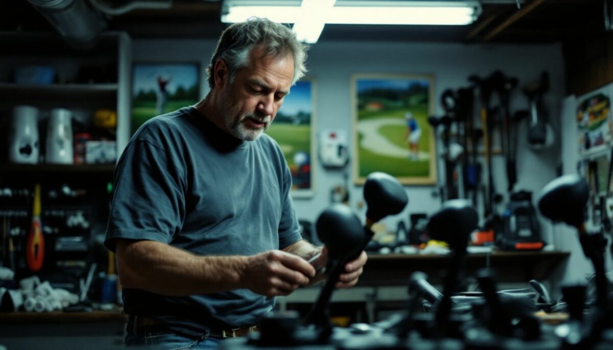 A man examining golf training aids in a cluttered garage.