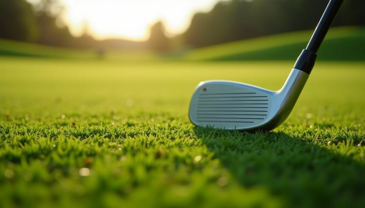 A close-up photo of a hybrid golf club on a fairway. A close-up photo of a hybrid golf club on a fairway.
