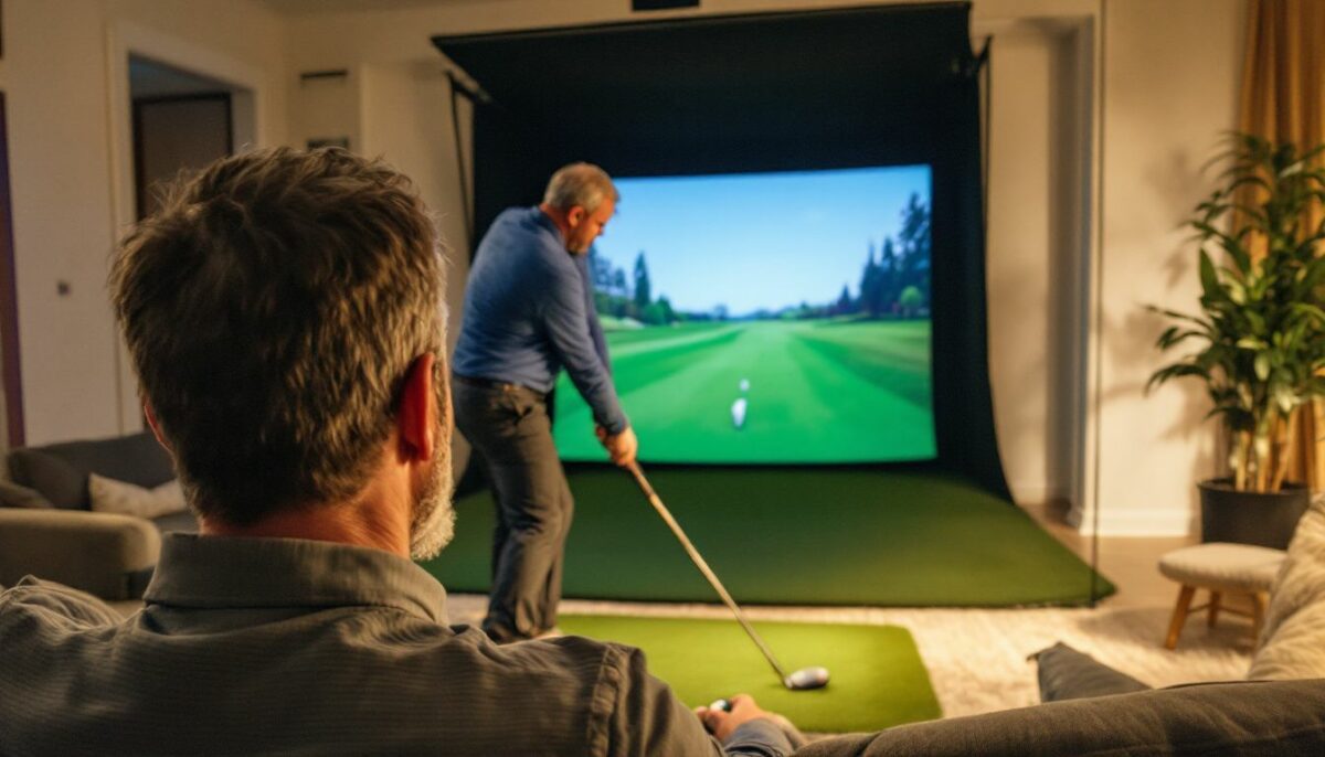 A man practices golf indoors using a simulator in a spacious living room.