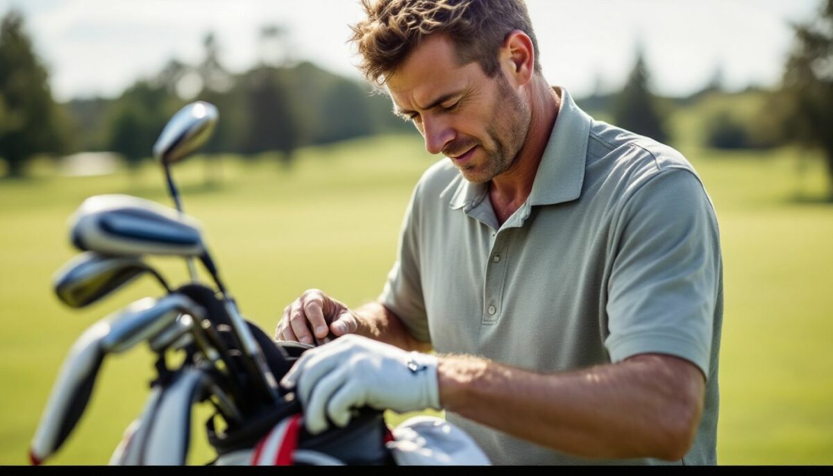 A golfer choosing club from bag on lush green course. A golfer choosing club from bag on lush green course.