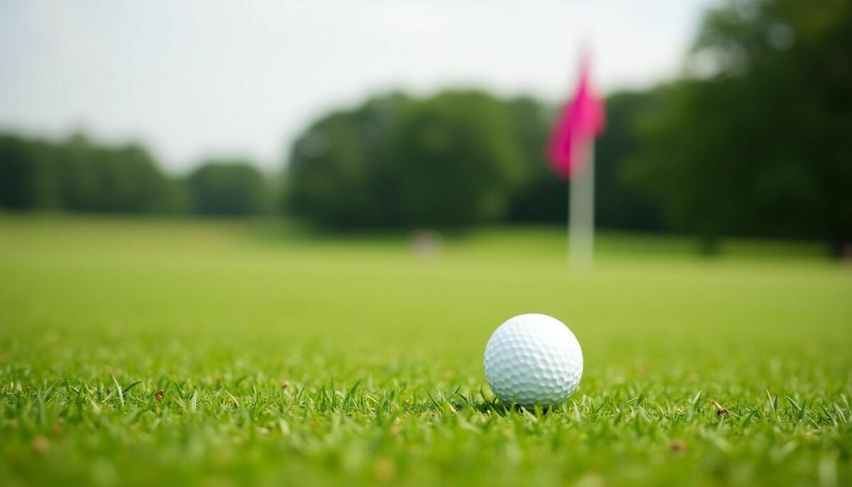 A single golf ball on a green fairway with a flag. A single golf ball on a green fairway with a flag.