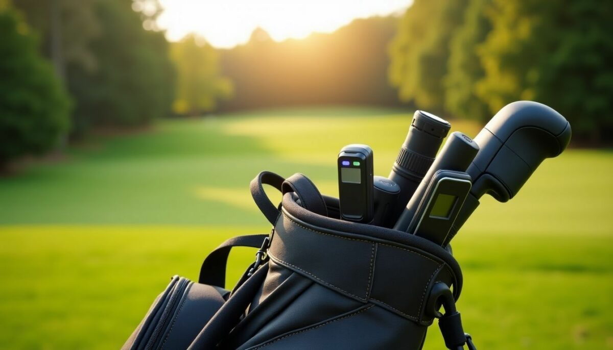 A close-up photo of a golf bag with accessories on a golf course.