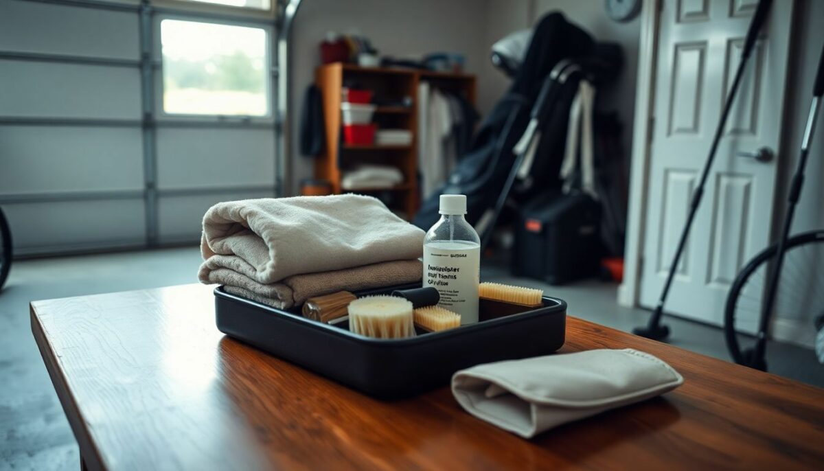 A well-organized golf club care kit on a wooden table in a garage.