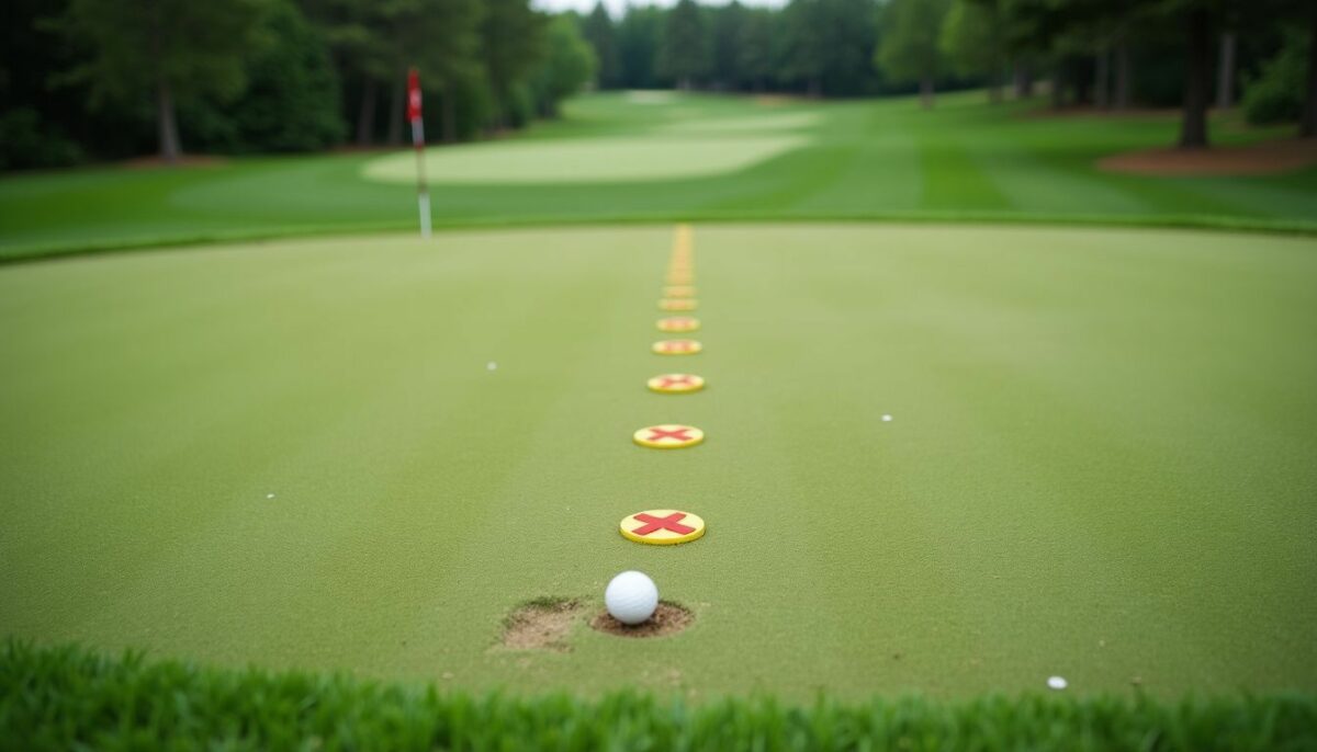 A golf tee with standing indicators, surrounded by neat grass. A golf tee with standing indicators, surrounded by neat grass.