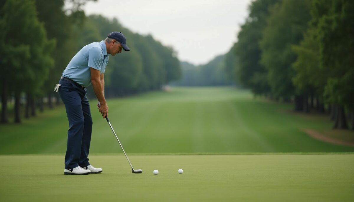 A mid-40s golfer practices chip shots on lush green course.