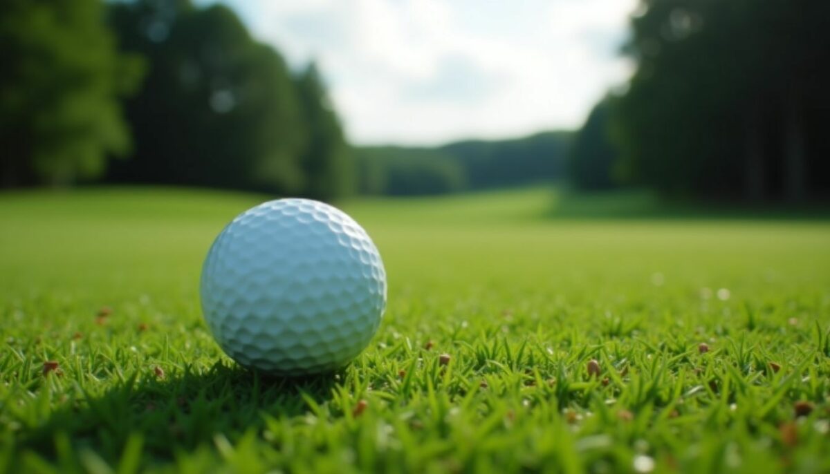 A golf ball sits on the bright green fairway surrounded by trees.