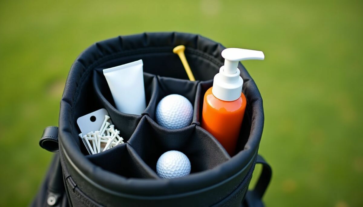 A golf bag with essential items on green fairway. A golf bag with essential items on green fairway.