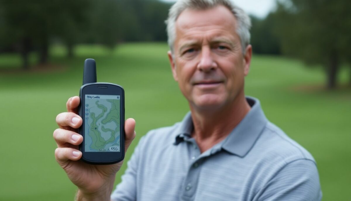 A middle-aged man confidently holds a SkyCaddie SX550 GPS device on a golf course.