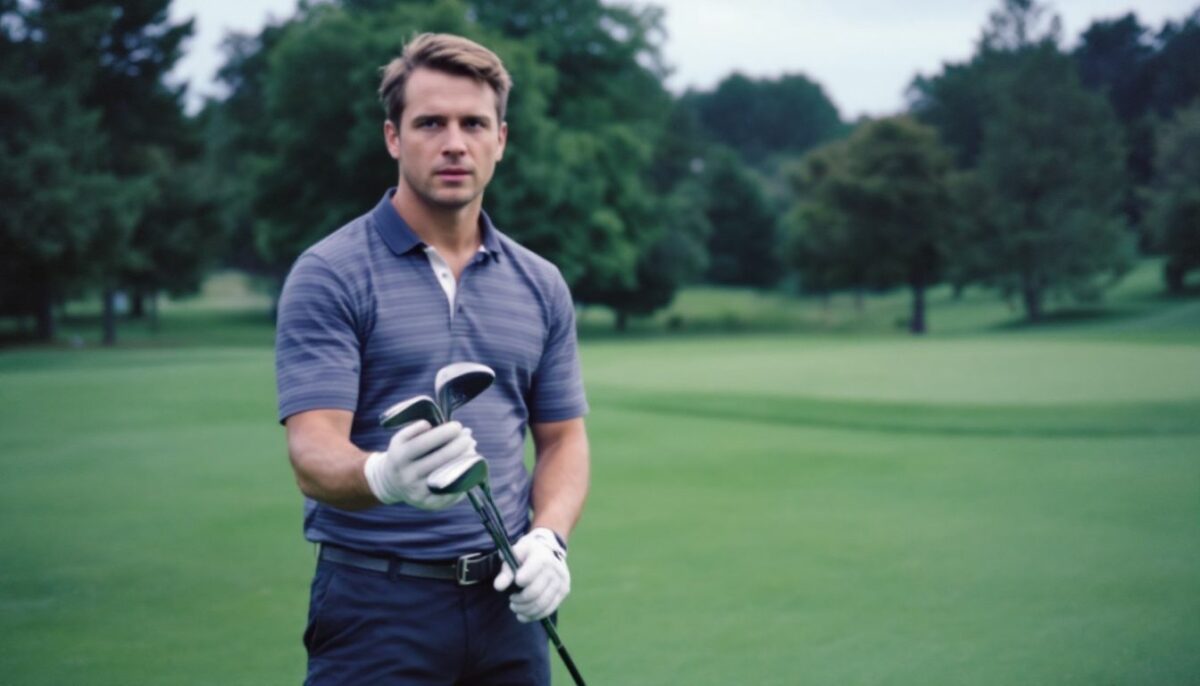 A golfer standing on a lush green fairway, preparing to swing.