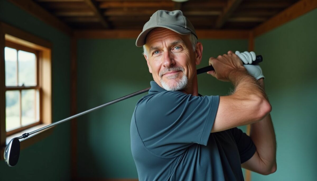 A man in his 40s practicing golf indoors to improve technique.