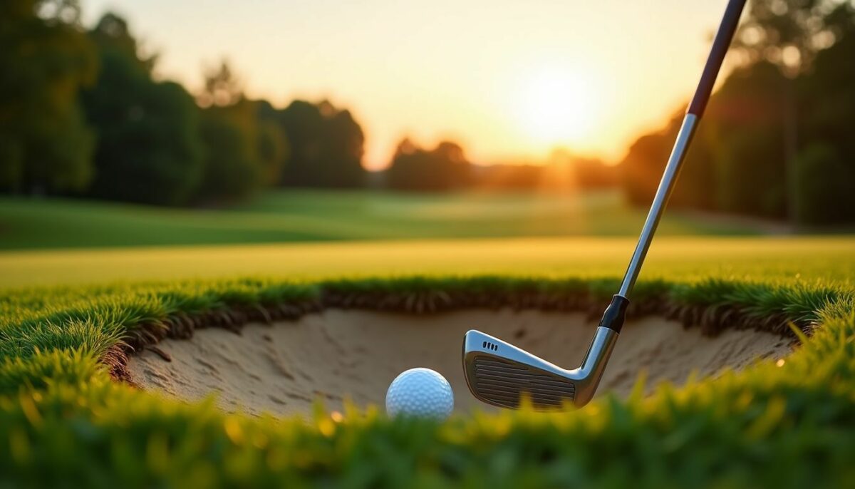 A golf course with a wedge club, golf ball, and sand trap.