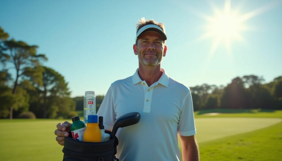 A man with a golf bag standing on a golf course. A man with a golf bag standing on a golf course.