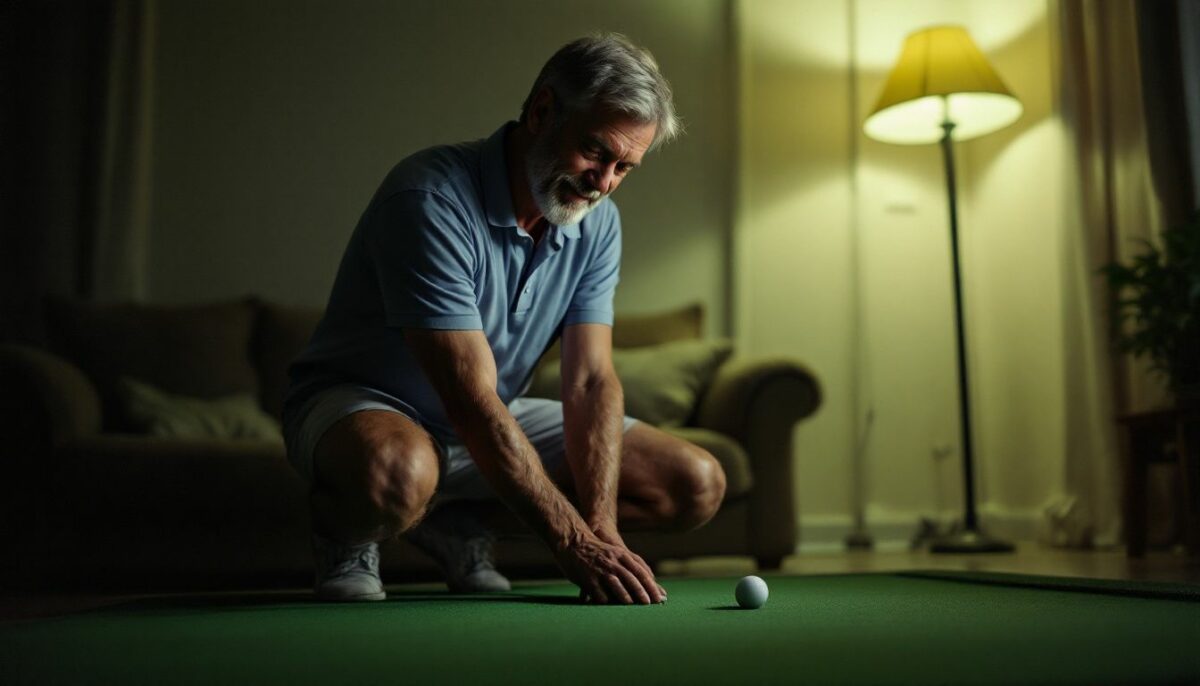A man practices putting in his living room wearing golf attire.