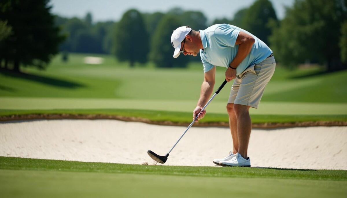 A golfer rakes a sand bunker on a sunny course. A golfer rakes a sand bunker on a sunny course.